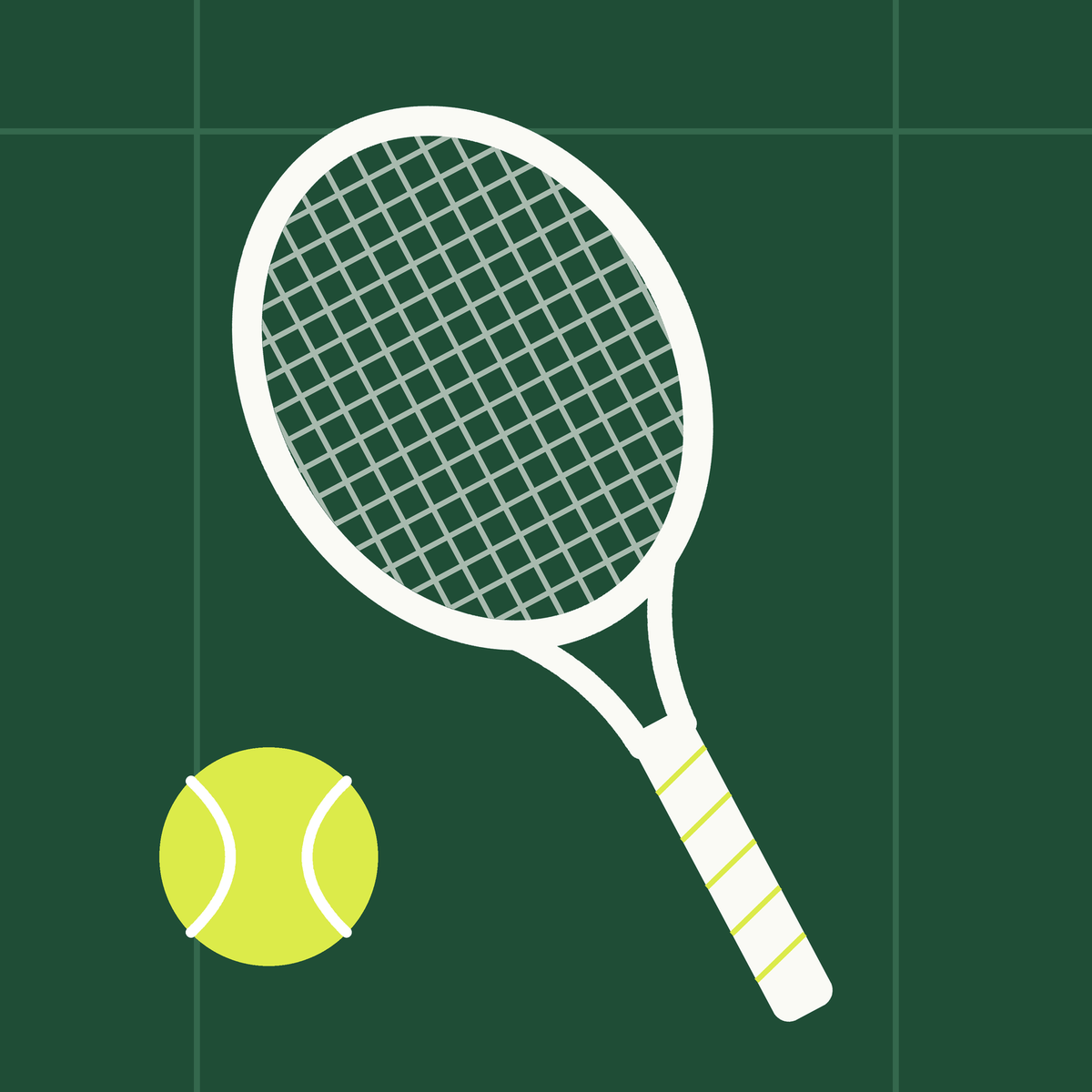 A freshly strung tennis racquet and a tennis ball on a green court